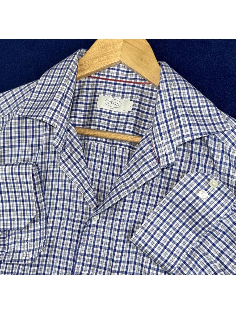 Eton Slim Fit Mens 16 41 Blue White Check Dress Shirt Button Front Cotton Luxury